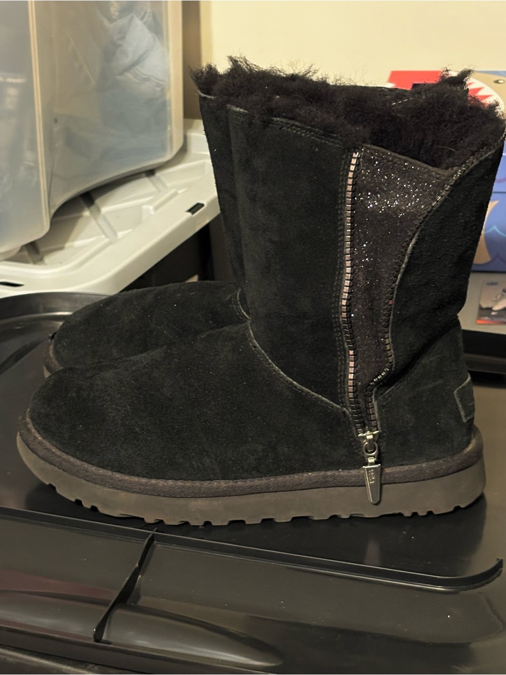 UGG Womens Black Zip Shearling Boot with Sparkle Trim